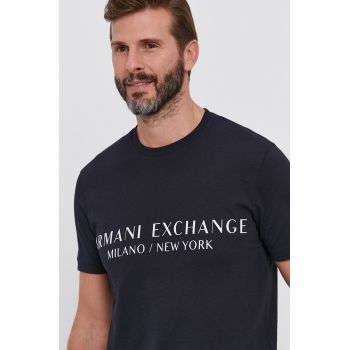 Armani Exchange Tricou bărbați, culoarea albastru marin, cu imprimeu ieftin