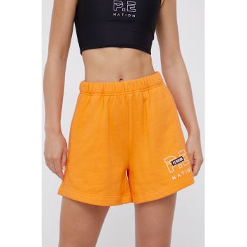 P.E Nation Pantaloni scurți din bumbac femei, culoarea portocaliu, material neted, high waist de firma originali