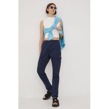 Superdry pantaloni femei, culoarea albastru marin, fason cargo, high waist