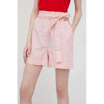 Pepe Jeans pantaloni scurți din amestec de in Muriel femei, culoarea roz, neted, high waist
