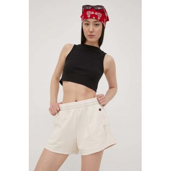 Champion pantaloni scurți 114944 femei, culoarea bej, cu imprimeu, high waist 114944-BS028