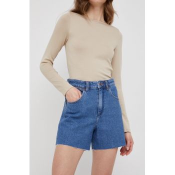 Wrangler pantaloni scurti jeans femei, culoarea albastru marin, neted, high waist