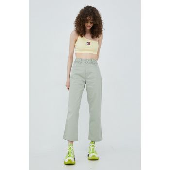 Tommy Jeans pantaloni din amestec de in Betsy femei, culoarea verde, lat, high waist