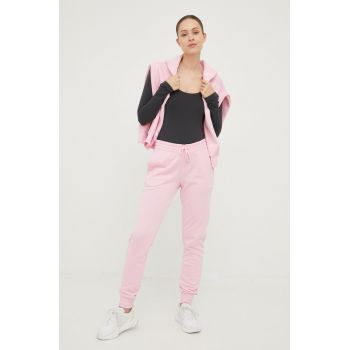adidas pantaloni de trening femei, culoarea roz, cu imprimeu