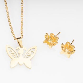 Set metalic auriu format din colier si cercei cu forma fluture