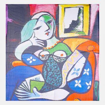 Esarfa patrata cu o singura fata imprimata cu reproducerea dupa Fata in fata oglinzii a lui Picasso
