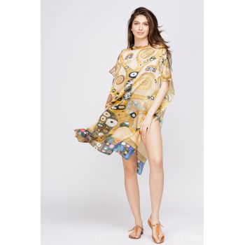 Rochie de plaja tip poncho din matase cu reproducere dupa Pomul Vietii - Gustav Klimt ieftine
