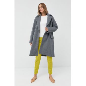 Emporio Armani palton de lana culoarea gri, de tranzitie, cu doua randuri de nasturi de firma original