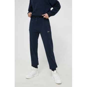 HUGO pantaloni de trening din bumbac femei, culoarea albastru marin, neted de firma original