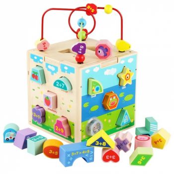 Jucarie Montessori Cub 5 in 1, cu fatete sortatoare de forme si circuit cu bile