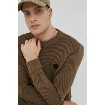 Solid pulover de bumbac barbati, culoarea maro, light