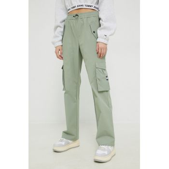 Tommy Jeans pantaloni femei, culoarea verde, fason cargo, high waist