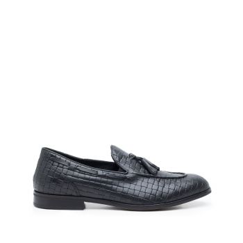 Pantofi barbati eleganti din piele naturala cu ciucuri, Leofex - 588 Negru Box presat ieftin