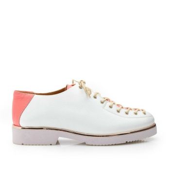 Pantofi casual dama cu siret pana in varf din piele naturala, Leofex- 194-1 Alb Roz Box de firma originala