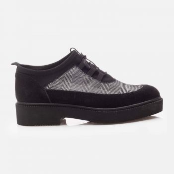 Pantofi casual dama din piele naturala - 045 Negru Carouri Velur de firma originala