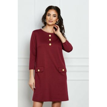 Rochie Dy Fashion bordo tip A cu buzunare si nasturi decorativi