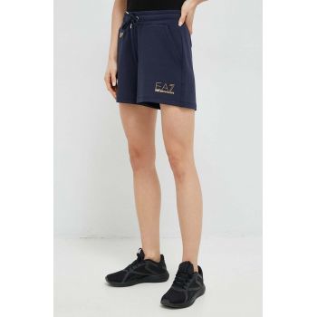 EA7 Emporio Armani pantaloni scurti femei, culoarea albastru marin, neted, medium waist