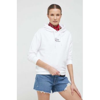 Tommy Jeans bluza femei, culoarea alb, cu glugă, cu imprimeu