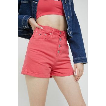 Tommy Jeans pantaloni scurti jeans femei, culoarea roz, neted, high waist