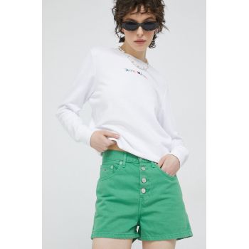 Tommy Jeans pantaloni scurti jeans femei, culoarea verde, neted, high waist