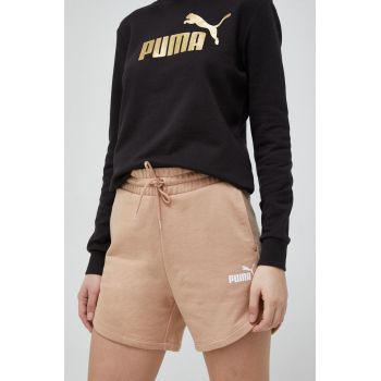 Puma pantaloni scurți Essentials femei, culoarea bej, uni, high waist 848339
