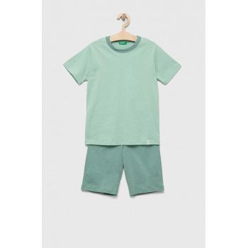 United Colors of Benetton pijamale de bumbac pentru copii culoarea verde, neted