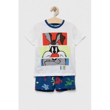 United Colors of Benetton pijamale de bumbac pentru copii x Looney Tunes culoarea alb, cu imprimeu