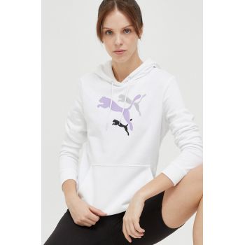 Puma bluză trening culoarea alb, cu glugă, cu imprimeu