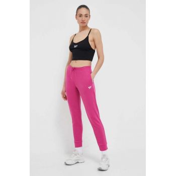 Reebok pantaloni de trening culoarea roz, neted ieftin