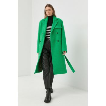 Samsoe Samsoe palton de lana Milena culoarea verde, de tranzitie, cu doua randuri de nasturi de firma original