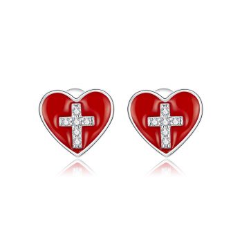 Cercei din argint Cross Red Heart ieftini