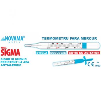 Termometru clasic din sticla Novama White Sigma ecologic cu Galinstan fara mercur, fara baterii, cu agitator