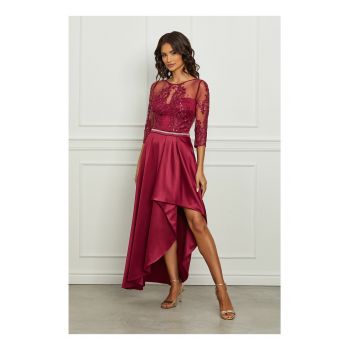 Rochie MBG bordo din tafta cu lungime asimetrica