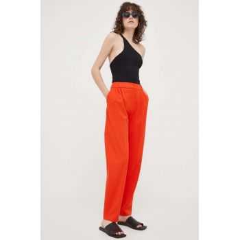 Samsoe Samsoe pantaloni femei, culoarea portocaliu, drept, high waist