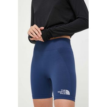 The North Face pantaloni scurti sport femei, culoarea albastru marin, neted, high waist