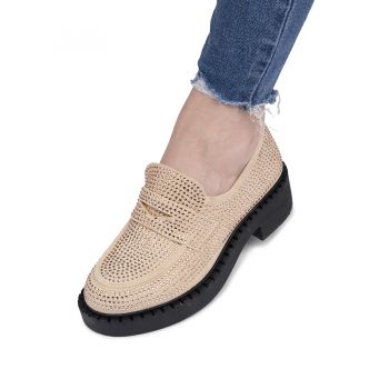 Pantofi dama casual din piele ecologica intoarsa cu pietre Bej Ariana Marimea 39