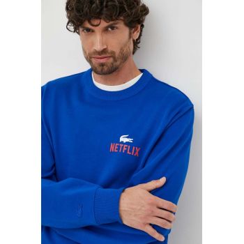 Lacoste hanorac de bumbac x Netflix bărbați, culoarea bleumarin, cu model SH7717-JQ0