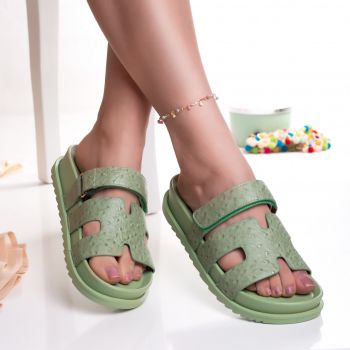 Papuci dama fara toc verzi din piele ecologica Drim