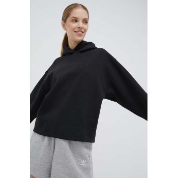 adidas Originals bluză Premium Essentials Short Hoodie femei, culoarea negru, cu glugă, uni IC5247-BLACK