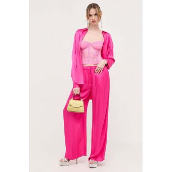 Bardot pantaloni femei, culoarea roz, lat, high waist