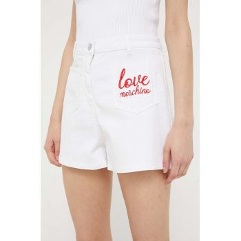 Love Moschino pantaloni scurti jeans femei, culoarea alb, cu imprimeu, high waist