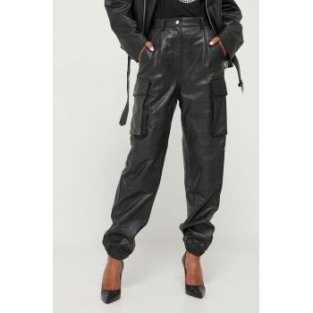 Moschino Jeans pantaloni de piele femei, culoarea negru, fason cargo, high waist