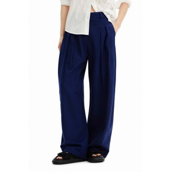 Desigual pantaloni din amestec de in culoarea albastru marin, lat, medium waist
