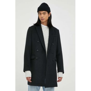 Bruuns Bazaar palton din lana culoarea negru, de tranzitie, cu doua randuri de nasturi de firma original