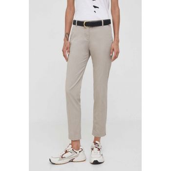 Sisley pantaloni femei, culoarea bej, mulata, high waist