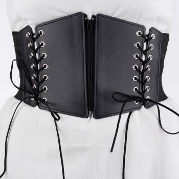 Centura corset lata din piele ecologica cu fermoar si snururi in fata si elastic la spate