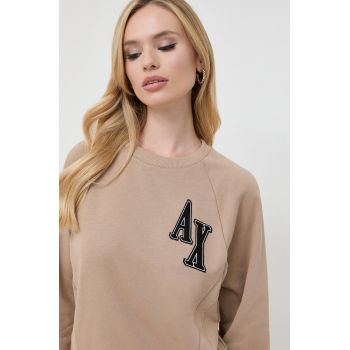 Armani Exchange bluza femei, culoarea bej, cu imprimeu