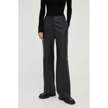 Bruuns Bazaar pantaloni de piele femei, culoarea negru, lat, high waist