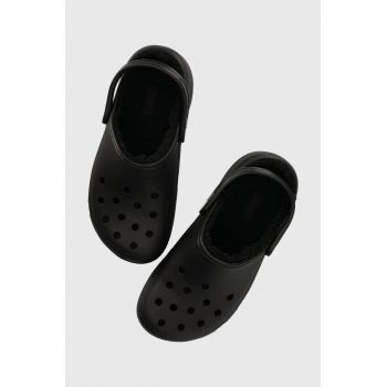 Crocs papuci Classic Platform Lined Clog femei, culoarea negru, cu platforma, 207938