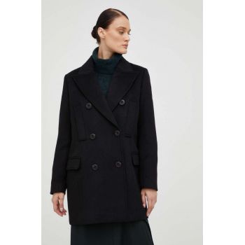 Bruuns Bazaar palton de lana culoarea negru, de tranzitie, cu doua randuri de nasturi